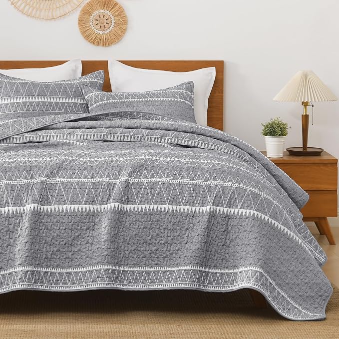 Quilts Queen Size Grey, 3 Pieces Boho Lightweight Striped Bedspread | Soft Gray - Image 2