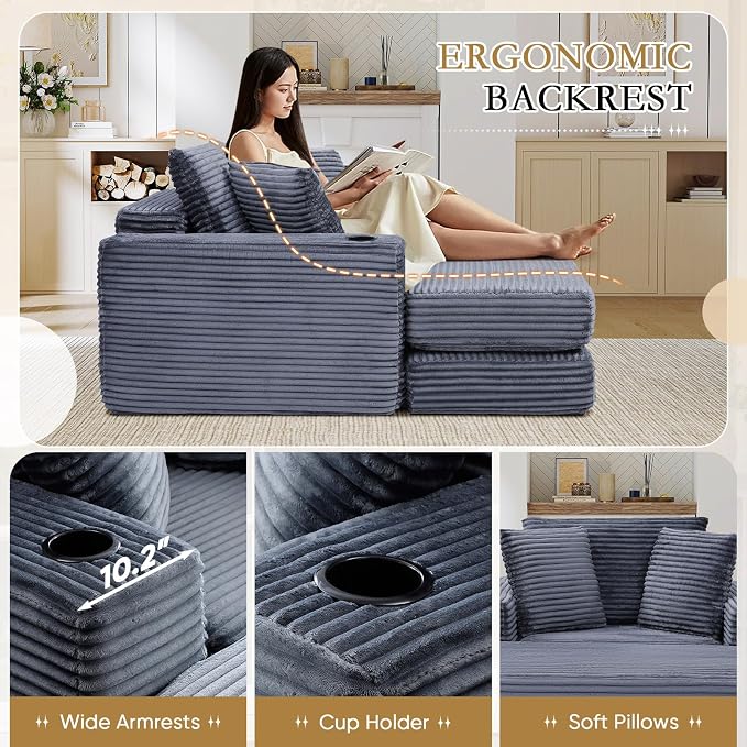 Oversized Chaise Lounge Chair Indoor, 52.4" W Corduroy Upholstered Fluffy Comfy - Image 5