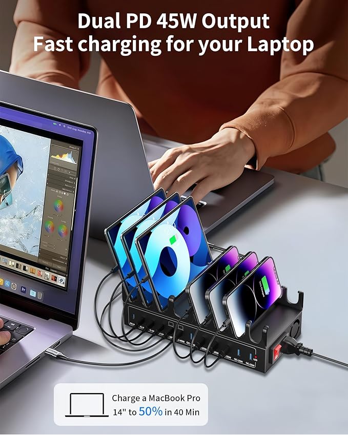 360W Charging Station for Multiple Devices, 12-Port USB C Charging Station with Dual 45W PD PPS Port, Multi Device Fast Charger Dock for MacBook Pro Laptop, iPhone, iPad, Tablet, Android Cell Phone