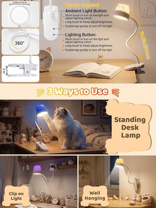Cat Lamp, Dimmable RGB Clip on Light, Cute Desk Lamp Rechargeable Night Light | - Image 7