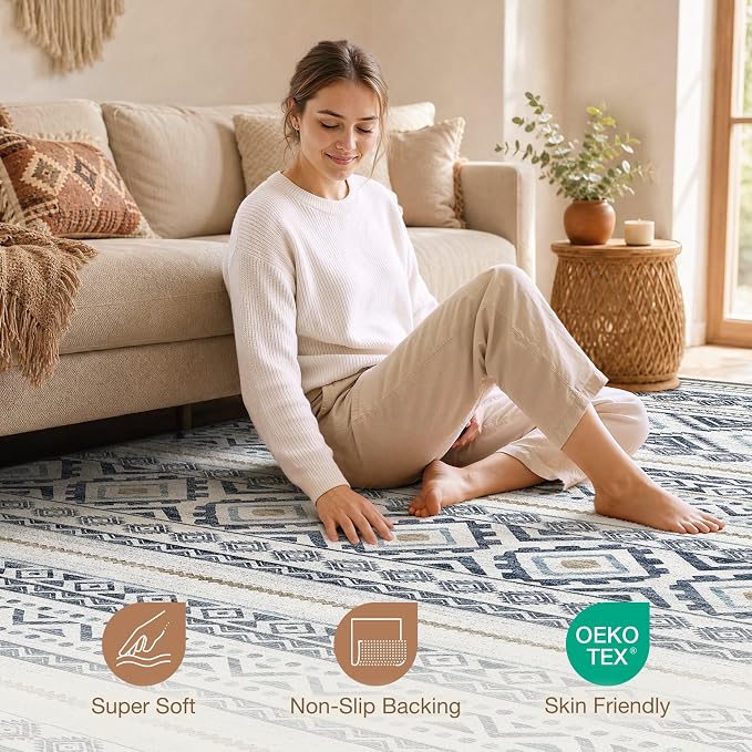 cotiled Boho 5x8 Area Rugs for Living Room: Soft Moroccan Washable Rug | Solve - Image 3