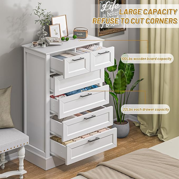 Odeekea White Dresser with 6 Drawers, Vertical Tall Dresser for Bedroom, Chest of Drawers for Nursery, Wood Closet Drawers for Hallway, Living Room, Entryway, 47” Tall Modern Farmhouse Style