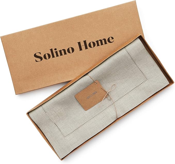 Solino Home Linen Natural Table Runner 60 Inches - Classic Hemstitch, 100% Pure Linen Coffee Table Runner 14 x 60 Inch Ideal for Dresser Tables - Christmas, New Year