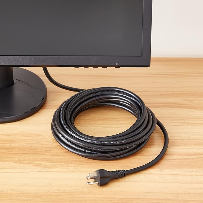 Amazon Basics PC Power Cord, 25 feet, AC Power Cord for Monitor, Computer, TV, 3 Prong, 18 AWG, 125 Volts, Black