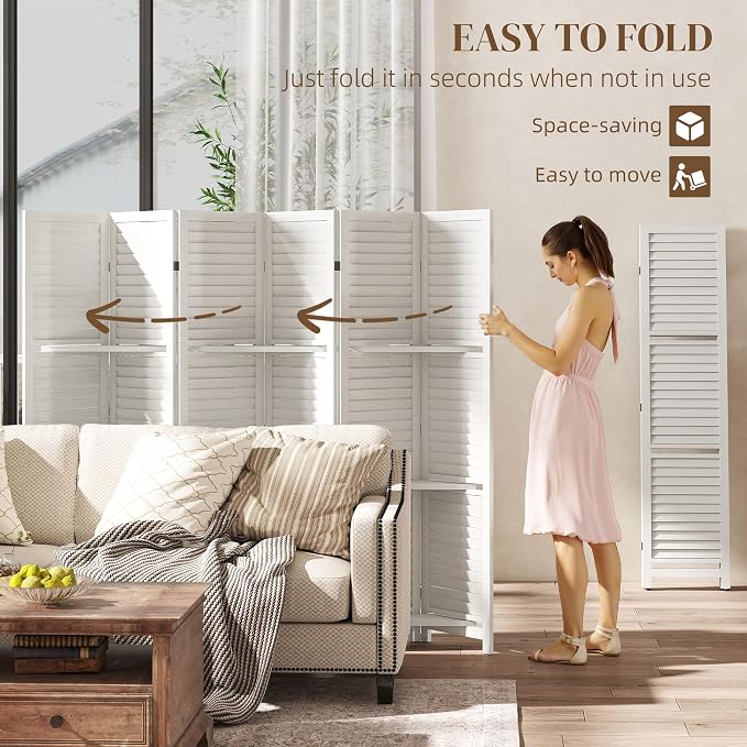 HOMCOM Room Divider with Shelves 6 Panel 67" Wood Screen White | Wood Privacy - Image 4