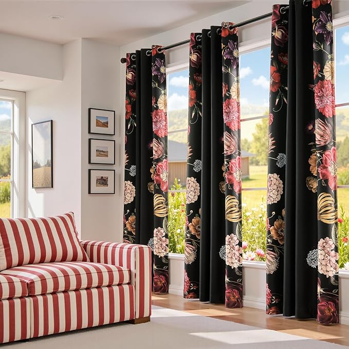 jinchan Black Floral Blackout Curtains 84 Inch Vintage Grommet 2 Panels | Room - Image 3