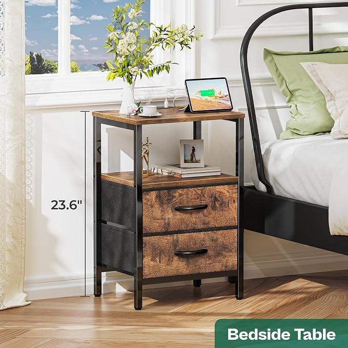 Huuger Nightstand with Charging Station, Side Table with Fabric Drawers | End - Image 5