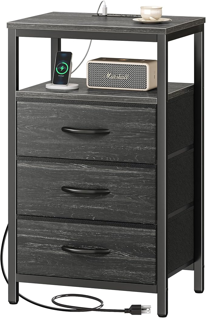Huuger Nightstand with Charging Station, 27.6 Inch Bedside Table, Side Table | - Image 9