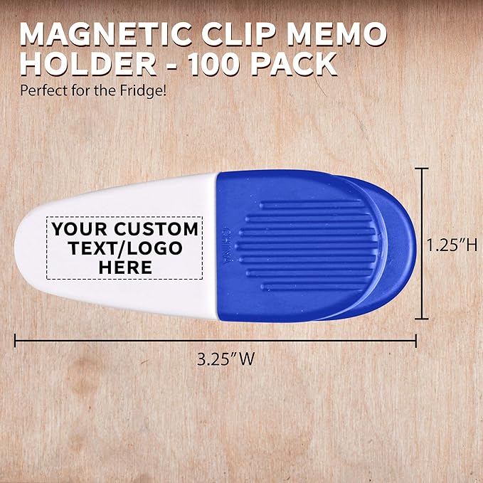 100 Magnetic Memo Holders Set - Customizable Text, Logo - Large Clip, Plastic - White Blue