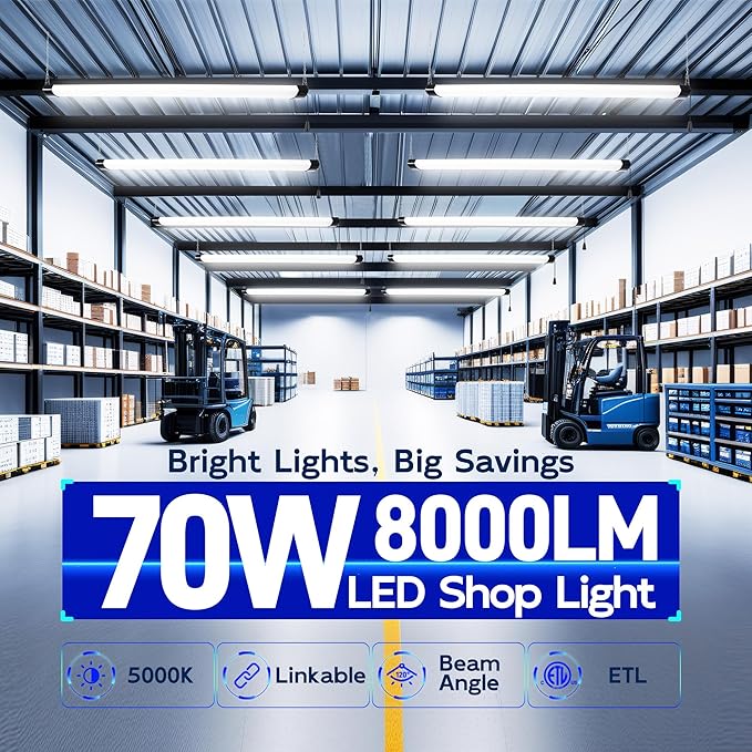 hykolity 4FT 70W LED Shop Light Linkable, 8000lm(300w Equivalent), 5000K Utility Shop Lights for Garages, Workshops, Basements, Hanging or FlushMount, with Power Cord and Pull Chain, ETL, Black,1 Pack