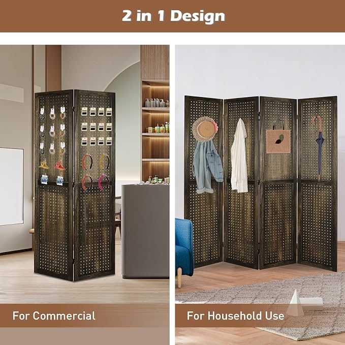 4 Panel Pegboard Room Divider | Brown Wood Folding Privacy Screen - Image 8