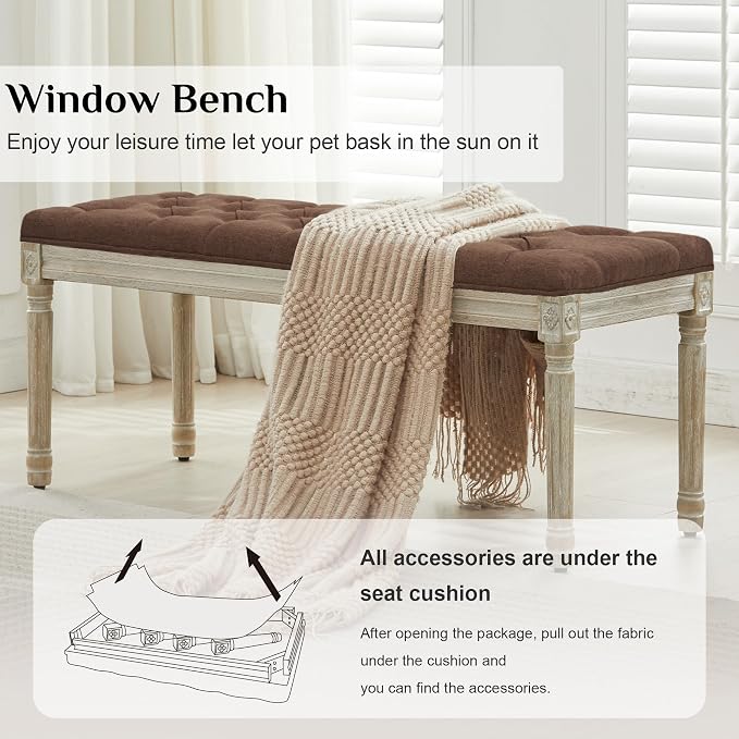 LOULENS 57.7" Linen End of Bed Bench King Size, Upholstered Bench, Upholstered - Image 3