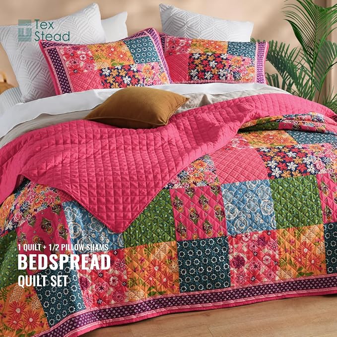 King Quilt Set - Washed Quilted Patchwork Comforter Coverlet, Lightweight - Image 3