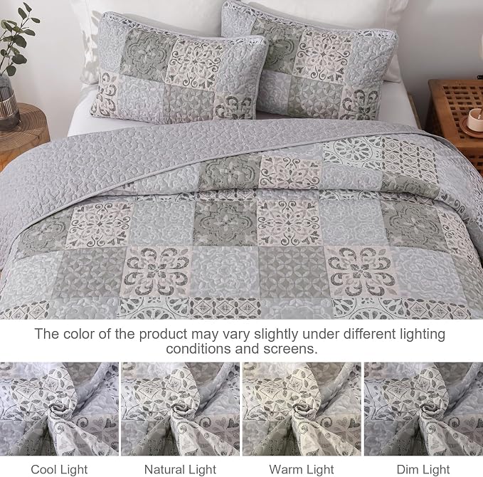 Dobuyly King Size Quilt Set Boho Grey Beige Plaid Patchwork Bedspreads Coverlet - Image 7