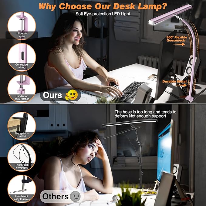 Airlonv LED Desk Lamp for Office Home, Eye-Caring Desk Light with Stepless Dimming Adjustable Flexible Gooseneck, 10W USB Adapter Desk Lamp with Clamp for Reading, Study, Workbench (Pink)