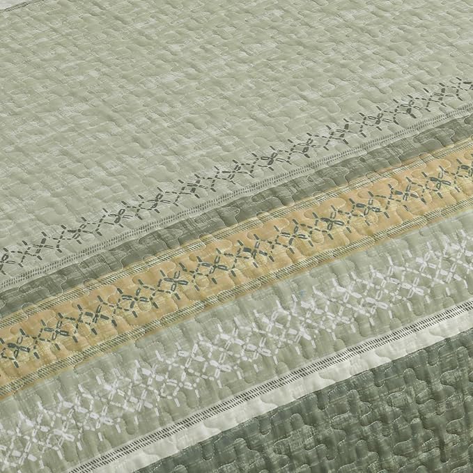 Cottolester Sage Green Queen Quilt Set, Sunner Striped Patchwork Bedspread | - Image 9