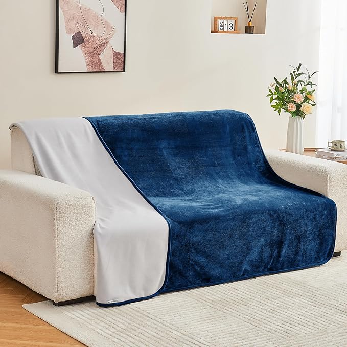 Waterproof Blanket 60"x80" for Adults, Reversible Waterproof Bed Cover for Dogs Cats Pets, Soft Leakproof Blanket for Bed Couch Sofa Furniture Protector, Navy Blue/Light Grey