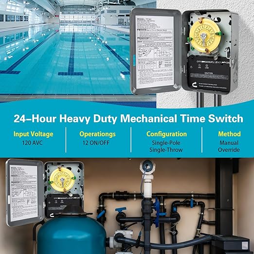 T101 Mechanical Timer Switch, 120V 40A SPST, 2HP for Outdoor Light Timer, Water Heater, HVAC & Pool Pump – 12 ON/Off Cycles, Manual Override, Trippers Included – Ideal for All Uses