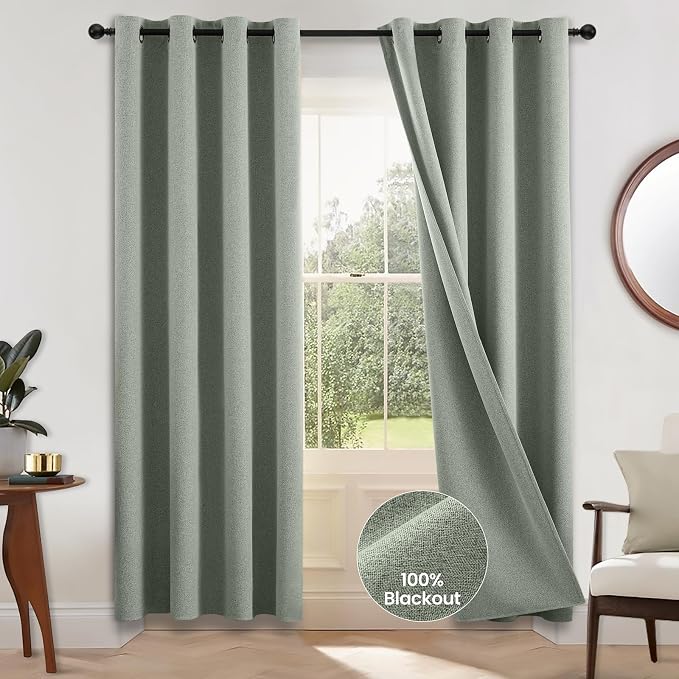 COSVIYA 100% Blackout Sage Green Linen Curtains & Drapes 72 Inch Length | Light by COSVIYA