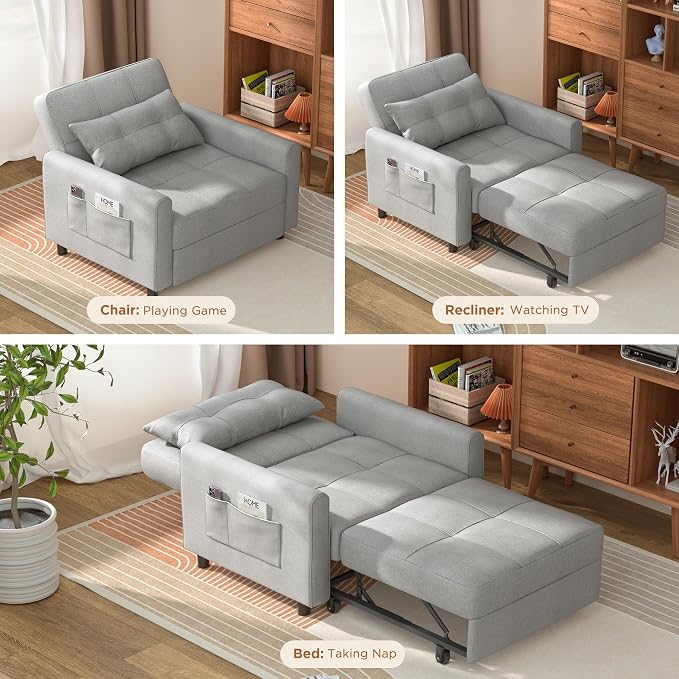 Aiho 34-Inch Sleeper Chair Bed, 3-in-1 Pull-Out Sofa Bed, Light Gray | - Image 4