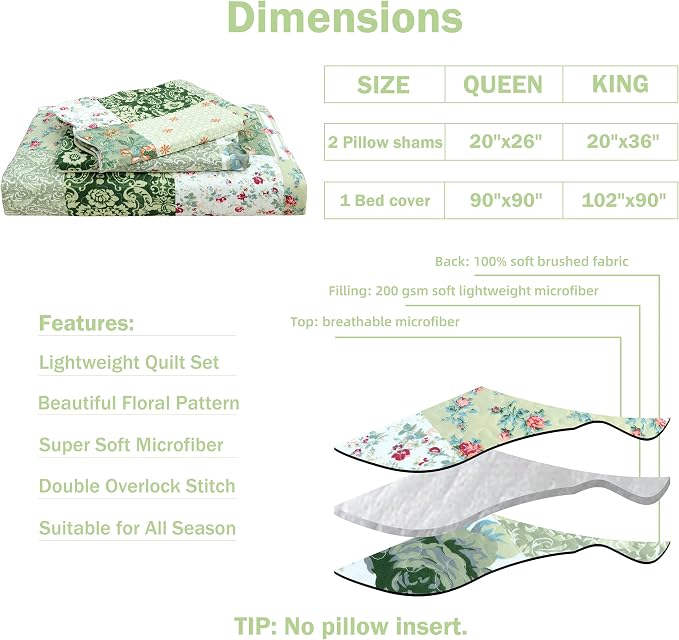 Cmfshape Summer Floral Queen Quilted Bedspread, Romantic Green Quilt Set - Image 6