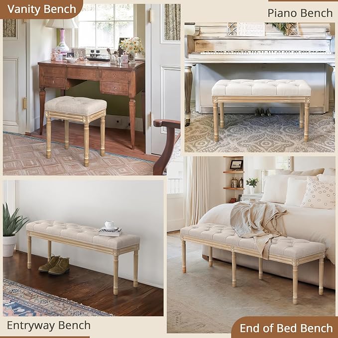 LUE BONA 60" Fabric End of Bed Bench, Upholstered Tufted French Bedroom Bench - Image 7