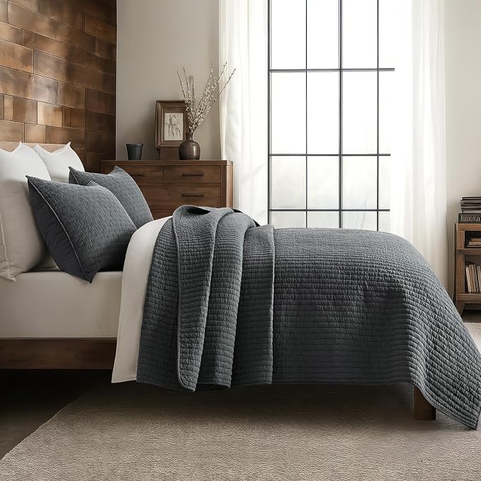 100% Cotton Cross Stitch 3-Piece Quilt Set, Charcoal | Cross Stitch Cotton Quilt - Image 5