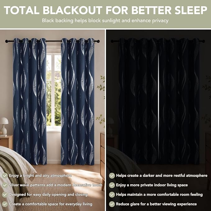 Deconovo Silver Foil Wave Pattern Total Blackout Curtain Panels, Living Room - Image 3