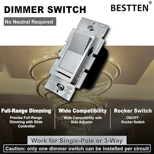 BESTTEN 5 Pack Matte Silver Dimmer Light Switch, Single Pole or 3-Way, Compatible with Dimmable LED, CFL, Incandescent and Halogen Bulb, LED Slide Dimmer Wall Switch, 120VAC, UL/cUL Listed