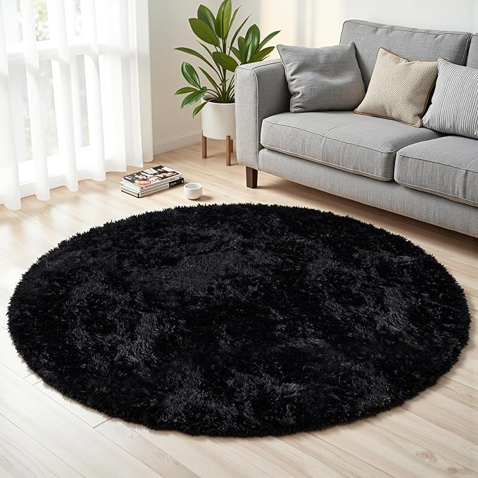 Black Round Fluffy Rug 5ft Plush Fuzzy Shaggy Carpet | Soft Rugs by Unknown