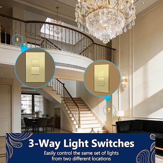 LIDER Brushed Gold Minimalist Design Decorator Switch, Frameless Paddle Wall Light Switch, On/Off Rocker Switch, 3-Way or Single Pole, Residential Grade, UL Listed, 3 Wire, 15A 120-277VAC