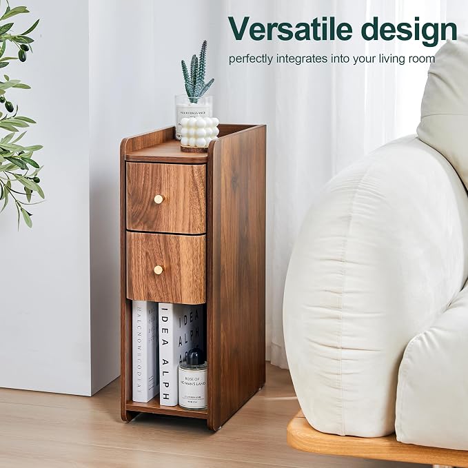 Narrow Nightstand Set of 2, Wooden Small 2 Drawer Nightstand, Slim Side End - Image 4