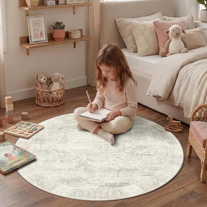 Latte&Fog 4ft Round Area Rug forBedroom Washable Circle Neutral Ivory Rug | Non - Image 4