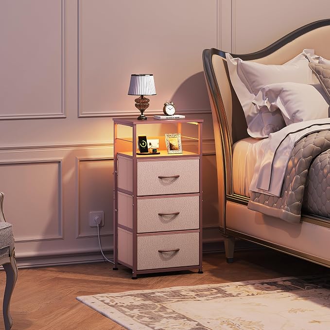 WLIVE Nightstand with Charging Station, 31.9" H Nightstand with 3 Fabric Drawers - Image 2