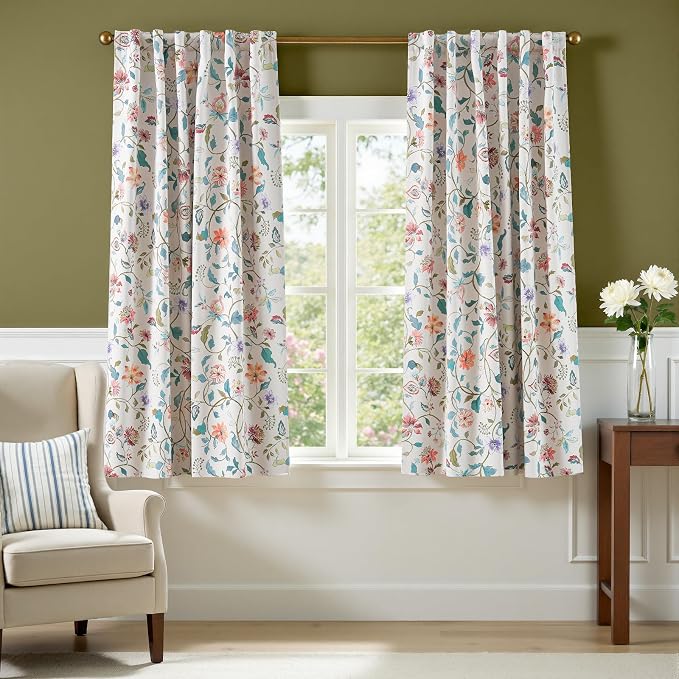 jinchan Beige Floral Blackout Curtains 63 Inch Back Tab 2 Panels Set | Room - Image 2