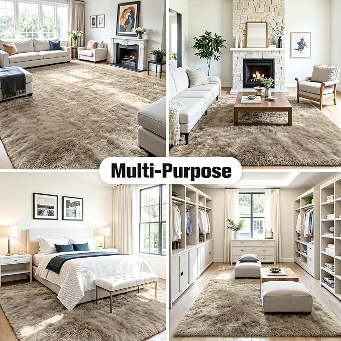 8x10 Fluffy Area Rug for Living Room: Non-Slip Grey Camel Bedroom Carpet | - Image 8