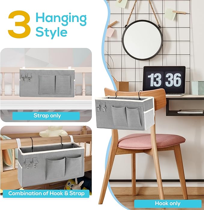 Kanrichu 3pcs Bedside Caddy Hanging Storage Bag, Water Cup Holders, Organizer - Image 4