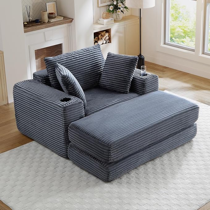 Oversized Chaise Lounge Chair Indoor, 52.4" W Corduroy Upholstered Fluffy Comfy by JEEOHEY