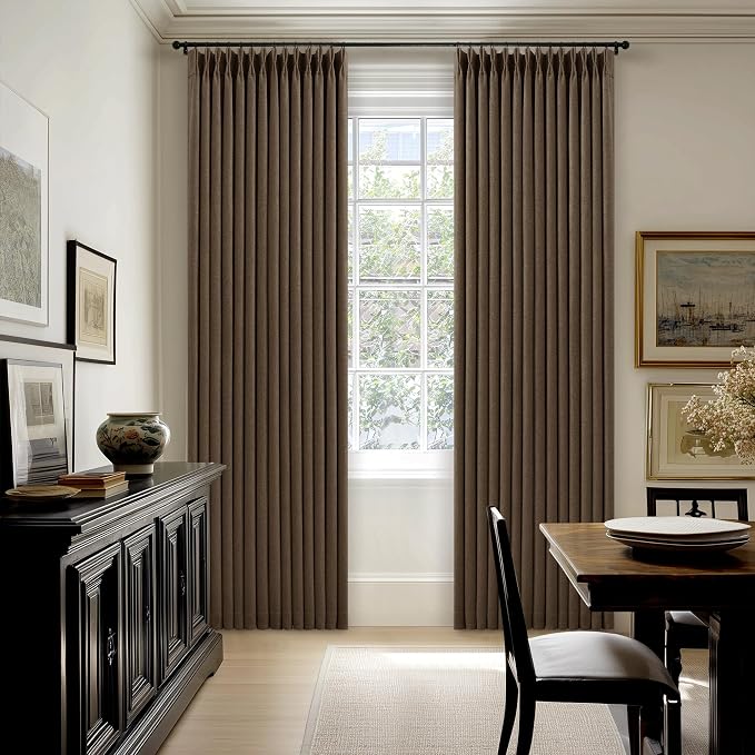 120 Inch Pinch Pleat Brown 100% Blackout Thick Linen Curtains - Image 7