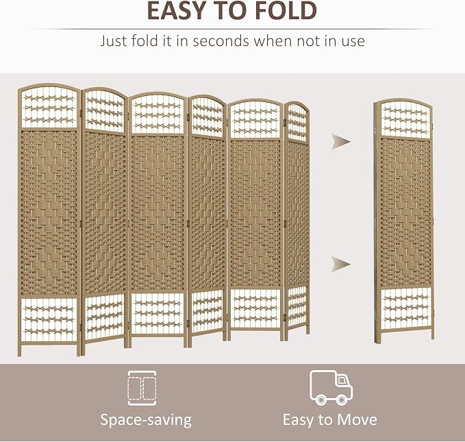 HOMCOM 6 Panel Room Divider, Folding Privacy Screen, Natural | Room Separator - Image 3