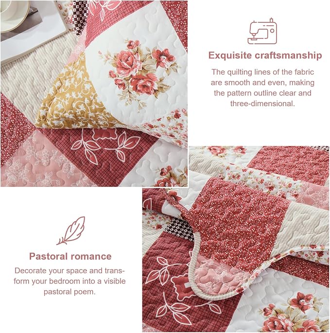 Dinjoy Boho Quilt Set King Size, Patchwork Floral Bedspreads, Romantic Red | - Image 9