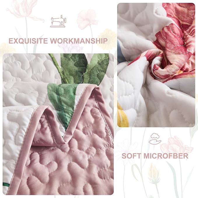 WONGS BEDDING Pink Quilt Set King, 3 Pieces Colorful Delicate Floral Bedspread - Image 6
