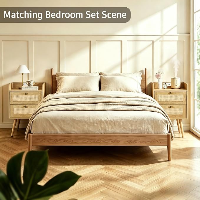 Rattan Nightstand with Charging Station, Bedside Table with 2 Drawers | Night - Image 8