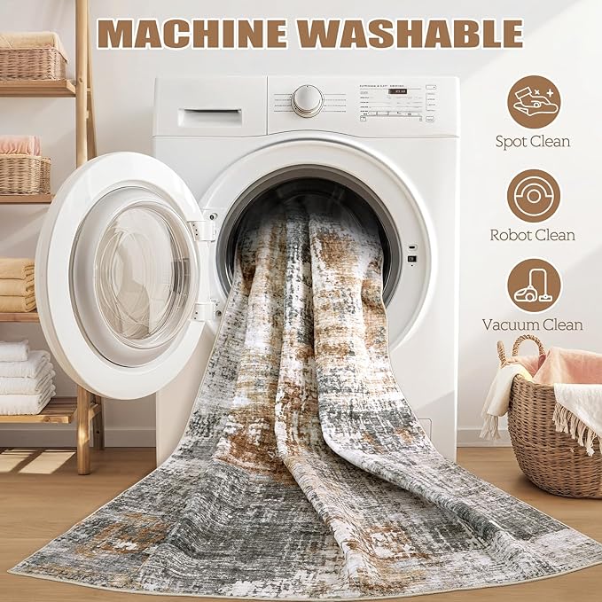 Washable Area Rug: 3x5 ft Abstract Small Rugs for Entryway Kitchen Living Room Bedroom - Non Slip Modern Neutral Carpet Indoor Front Door - Grey Brown