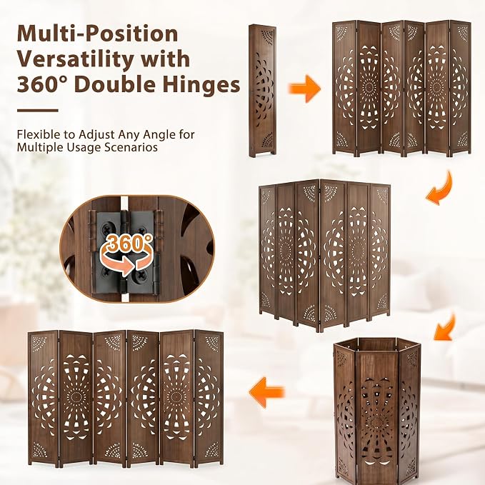 6 Panel Room dividers, 66.9" Boho Double-Sided Carved Screen, Freestanding - Image 5