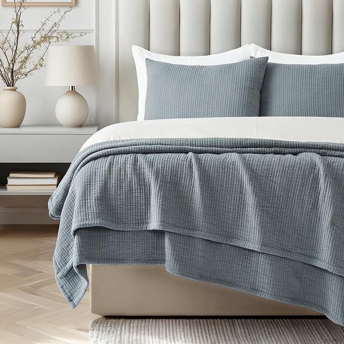 EVERGRACEHOME Cotton Gauze Matelassé Coverlet, King Size, Dusty Blue | Ultra - Image 7