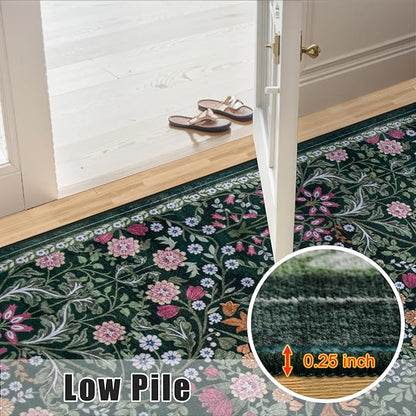 10x14 Area Rugs for Living Room: Floral Washable Rug Vintage Large Soft Boho Non-Slip Carpet Stain Resistant Low Pile Carpets for Bedroom Dining Room Farmhouse Nursery Hallway Home Office Dark Green