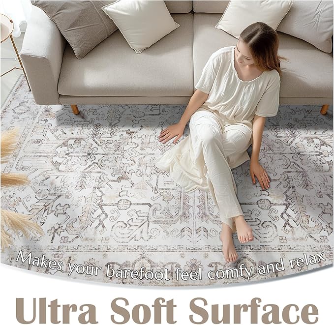 jinchan Lima Runner Rug 2x5 Washable Hallway Runner - Vintage Floral Non Slip Low-Pile Soft Ultra-Thin Kitchen Rug Distressed Carpet for Farmhouse Bedroom Entryway Laundry Room (2x5ft, Taupe)