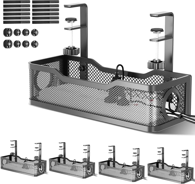 Under Desk Cable Management Tray Black 4 Pack, 13.5" Wire Organizer No Drill | by Cinati