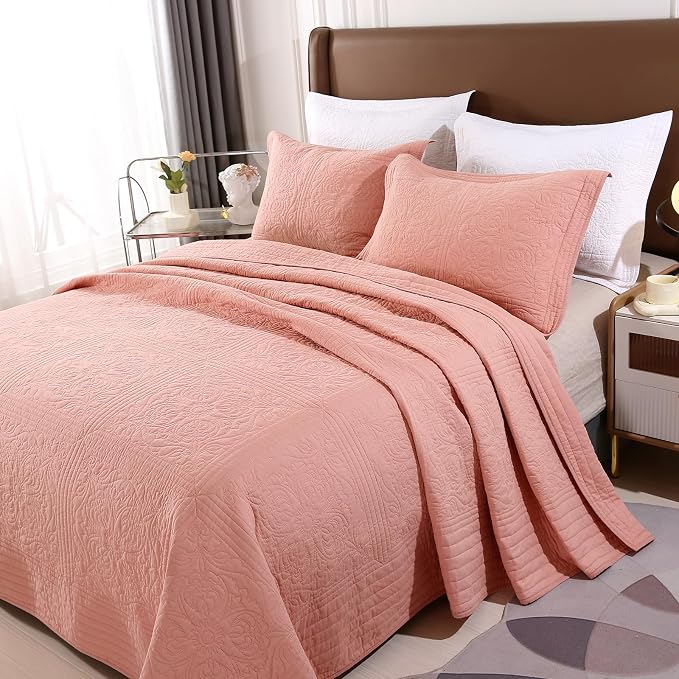 ROOMLIFE Quilt Set Queen Size 3D Floral Embroidery Pattern 3-Piece Cotton by ROOMLIFE